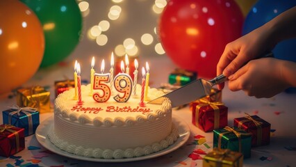 Celebrating 59th Birthday with White Cream Cake and Lit Candles