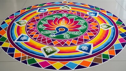 Vibrant indian rangoli design with lotus flower pattern