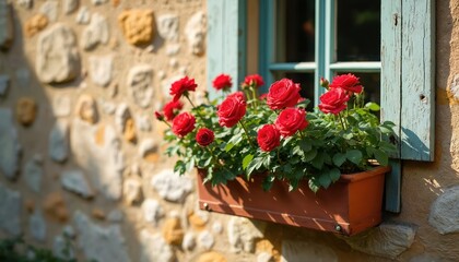 Red roses bloom in planter box on stone wall beneath window with teal shutter. Sunlight creates shadows on rustic facade. Scene evokes peaceful, old world charm and country garden feel.