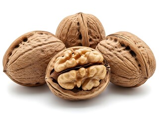 Whole Walnuts in Shell and One Cracked Open Showing Kernel Isolated on White Background; Group of Healthy Organic Tree Nuts for Nutrition, Vegan Diet, and Culinary Cooking Concept