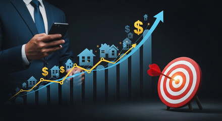 A sharp businessman targets real estate investment success with a growth chart.