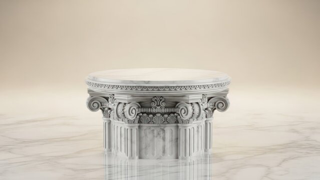 A white marble pedestal with intricate carvings on a marble surface.