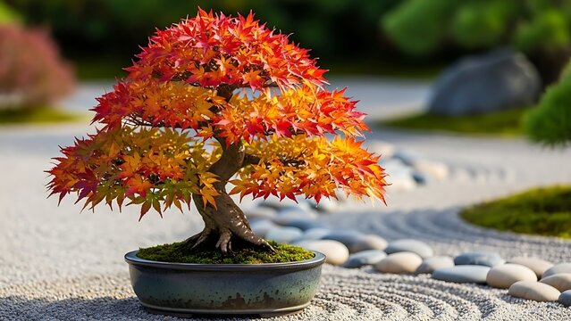 Autumn maple bonsai tree in garden