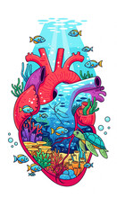 Heart shaped ocean ecosystem illustration with coral reef fish and turtle for marine conservation and world oceans day.