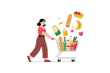 Woman pushing a shopping cart filled with various grocery items groceries supermarket food fruits vegetables milk