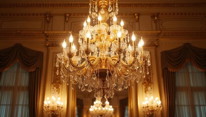 Grand ornate gold chandelier with crystal pendants hangs in opulent ballroom. Warm light illuminates richly decorated room with large windows. Elegant interior decor reflects luxury, historical