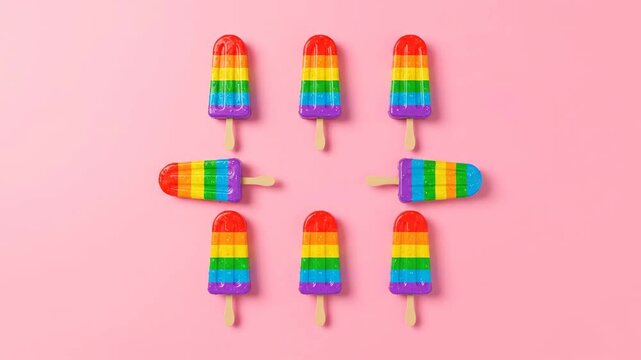 Colorful rainbow popsicle on pink background, summer treat.