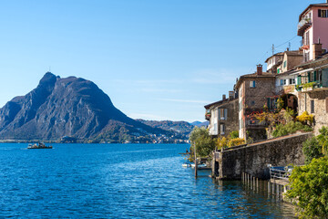 Gandria ferry terminal dock on Lake Lugano. Lugano, Canton of Ticino, Switzerland