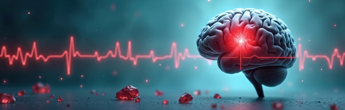 Digital 3D art shows human brain with red glowing injury. Red cardiogram wave pulses on dark background, abstract medical concept. Represents neurological disease, stroke, health emergency. Crisis, - Powered by Adobe