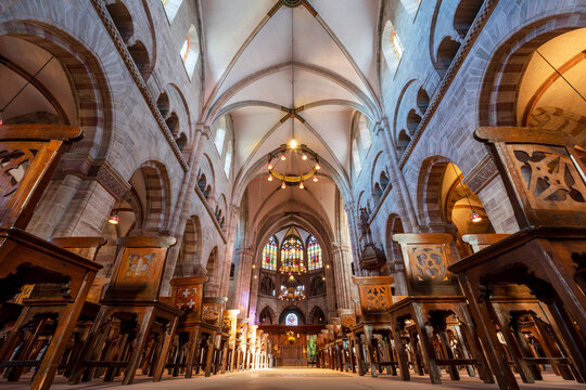 Basler Munster cathedral interior nave and ceiling vault. Basel, Canton of Basel-Stadt, Switzerland.