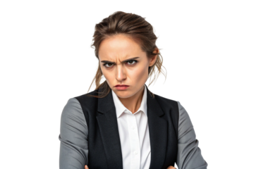 A young woman showing discomfort. Irritation. Distrust. Stress. Bullying. Mental health. Fighting.