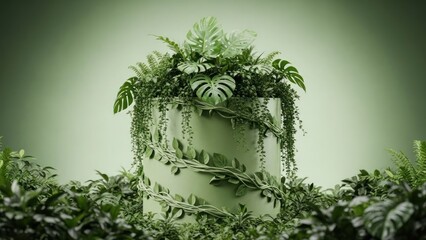 A lush green cake adorned with various tropical plants and leaves, set against a soft green background.