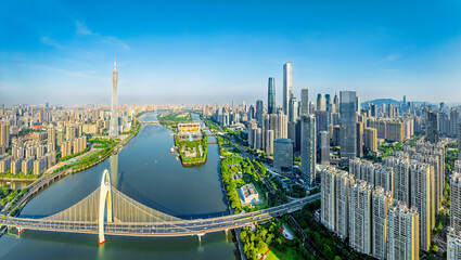 Aerial view of the modern city commercial buildings with skyline and river in Guangzhou, China.