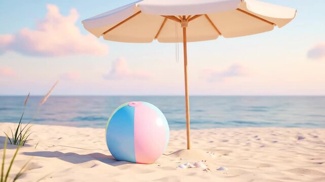 Relaxing beach scene with umbrella, ball, sand, sea, and the sky.