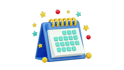 3D desk calendar with stars and balls on transparent background