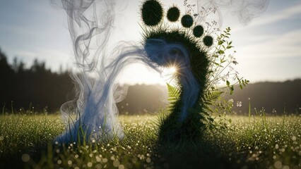 Green footprint with smoke against sunrise meadow grass