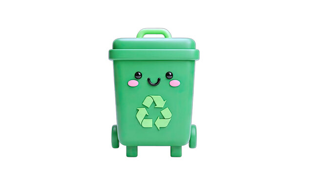 3D Cute cartoon recycling bin with a happy face and recycle symbol on transparent background