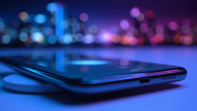 Smartphone wireless charging with city lights. Wireless technology background.