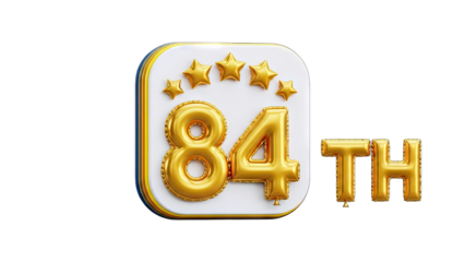 3D Golden 84th birthday celebration with stars and layered design on transparent background