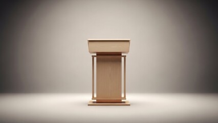 A wooden podium with a blank surface in a dimly lit room.