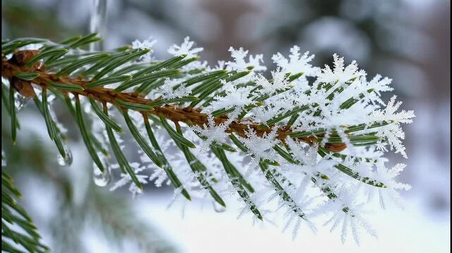 Pine needle icing and frosting timelapse shows the change in nature during winter