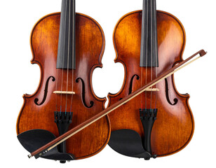 Fototapeta premium Classic Wooden Violin Front View with Bow, Isolated on Transparent Background PNG