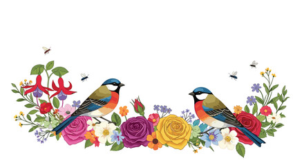 Obraz premium Pair of colorful birds is sitting on a vibrant floral garland with various blooming flowers and buzzing bees around.