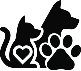Cat and Dog Love Silhouette with Heart and Paw Print Icon
