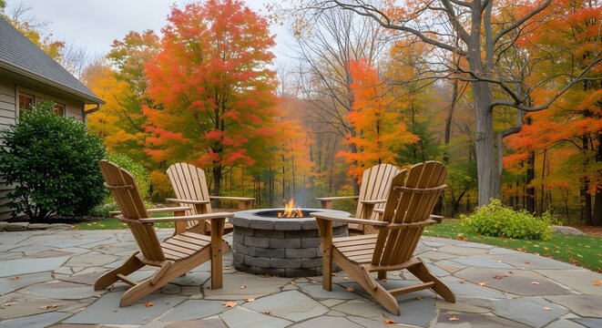 Cozy backyard patio with fire pit and Adirondack chairs in autumn foliage fall