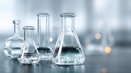 laboratory flasks and beakers displayed against a backdrop of a blurred lab environment. the focus is on three clear glass beakers with liquid inside and a single flask in the foreground