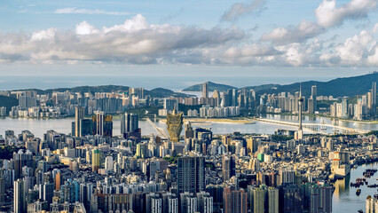 Aerial view of the modern city skyline and urban buildings in Macau.