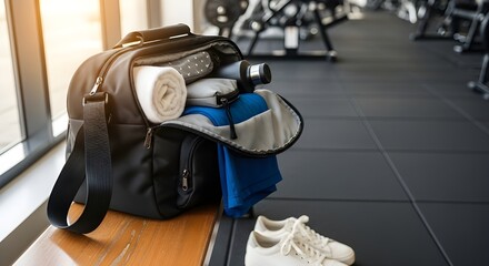 Gym bag with open zipper revealing workout gear and shoes indoors  