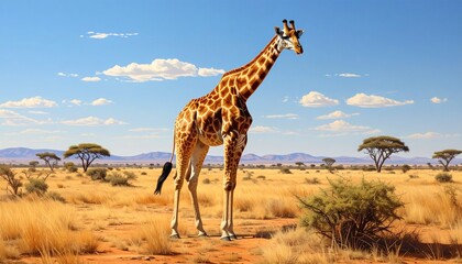 Majestic Giraffe Standing in a Sunlit African Savannah Landscape with Clear Blue Sky