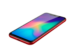 Red smartphone with colorful screen.