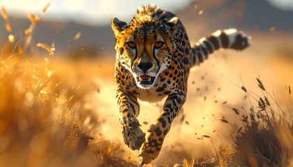 Powerful Cheetah Sprinting Through Tall Grass in the African Savannah at High Speed