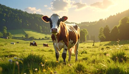 Majestic Holstein Cow Grazing in a Lush Green Meadow Under Golden Hour Sunlight
