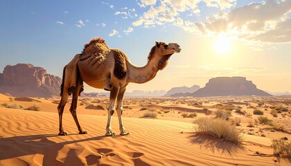Majestic Dromedary Camel Standing on Sand Dunes in a Vast Desert at Sunset