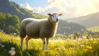 Majestic White Sheep Standing in a Lush Mountain Meadow at Golden Hour