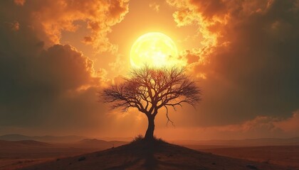 A bare tree silhouetted on a hill under a bright sun and dramatic sky. Dry, barren land stretches to distant hills creating a sense of desolation and isolation.