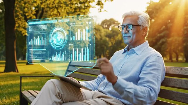 Senior man in a park interacts with a holographic data interface from a tablet, symbolizing the integration of advanced technology into daily life for an aging population