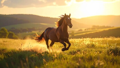 Majestic Brown Horse Galloping Through a Golden Meadow at Sunset