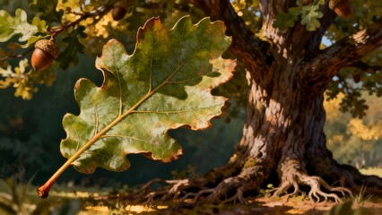 Sunlight Shining Through Oak Leaves In Forest