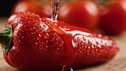 A vibrant red bell pepper glistening with fresh water droplets is meticulously washed under a gentle stream highlighting its crisp texture and natural beauty ready for healthy culinary preparation in.