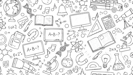Doodle style educational elements and science symbols on a white background.