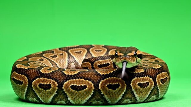 Ball Python Snake Coiled With Tongue Flicking On Green Screen Background.