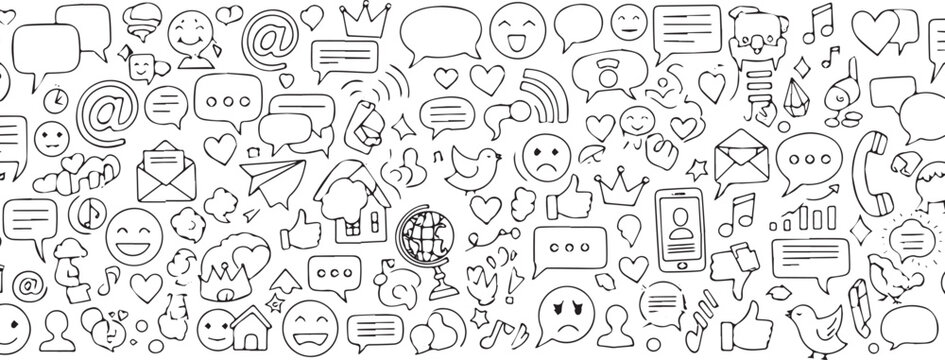 Doodle Social Media Icons and Communication Symbols Seamless Pattern.