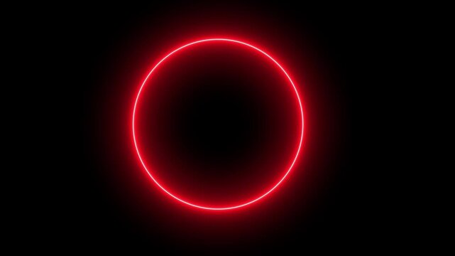 neon red circular light flickering animation for video overlays. glowing red neon ring flicker effect for futuristic visuals. flickering neon red circle animation on dark background.