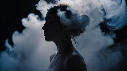 Silhouette of person in profile surrounded by swirling smoke in low light with dramatic contrast and ethereal atmosphere