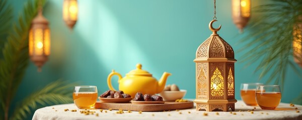 Ramadan Iftar table with dates, tea, and ornate lantern. A traditional meal setting for breaking fast during the holy month. Features Arabic decorations and festive ambiance.