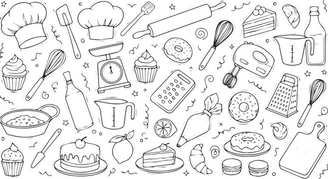 Hand drawn baking and cooking utensils with various desserts and ingredients.